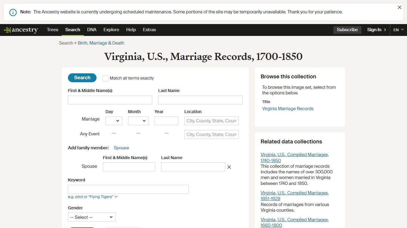 Virginia, U.S., Marriage Records, 1700-1850 - Ancestry.com