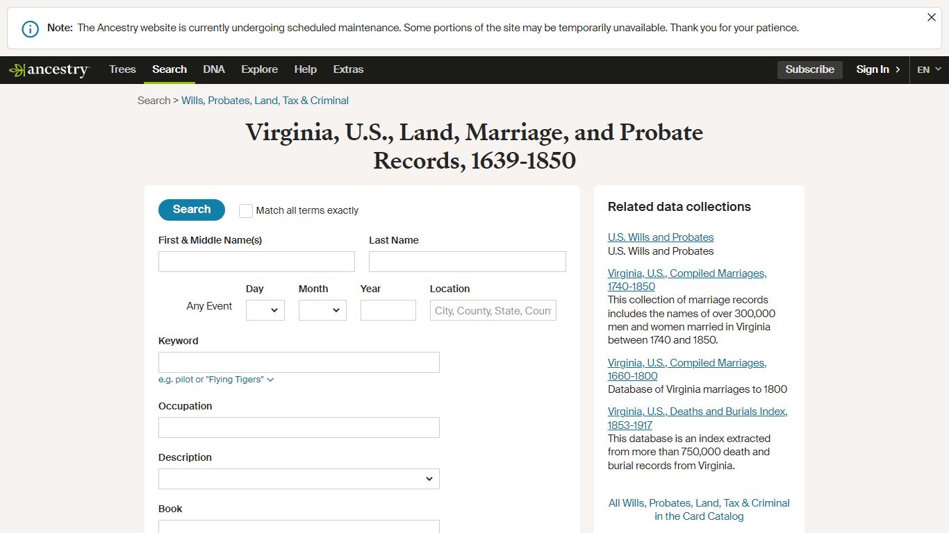 Virginia, U.S., Land, Marriage, and Probate Records, 1639-1850