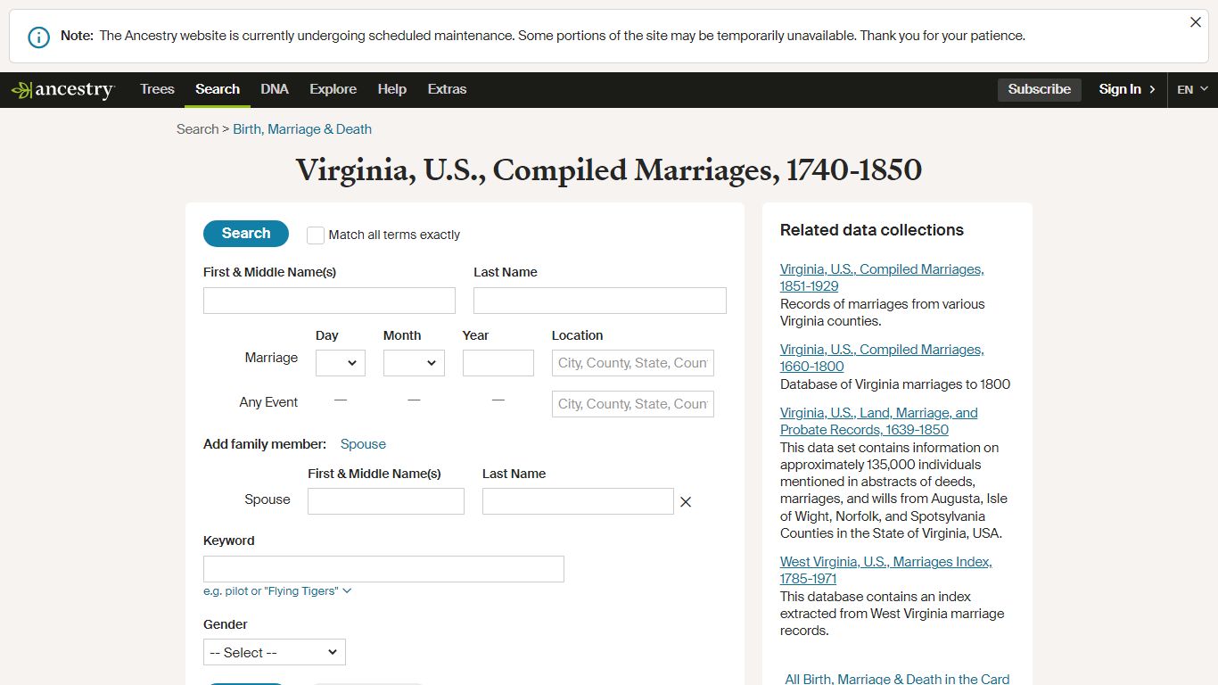 Virginia, U.S., Compiled Marriages, 1740-1850 - Ancestry.com